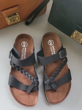 White Mountain Hazy Black Leather Braided Buckle Slide Sandals 7
